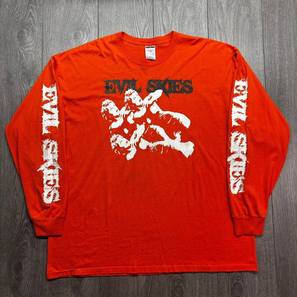 Evil Skies Graphic Long Sleeve Shirt Mens 3XL Orange Streetwear Tee Jerzees